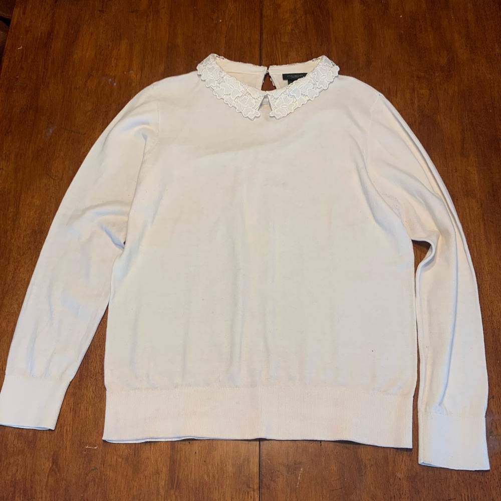 Ann Taylor Ivory Crewneck Sweater with Lace Collar